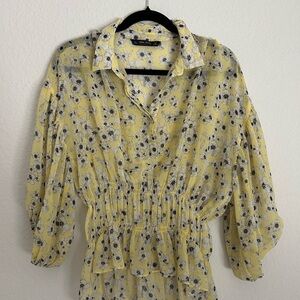 Zara Pastel Yellow Sheer Floral Button-down blouse